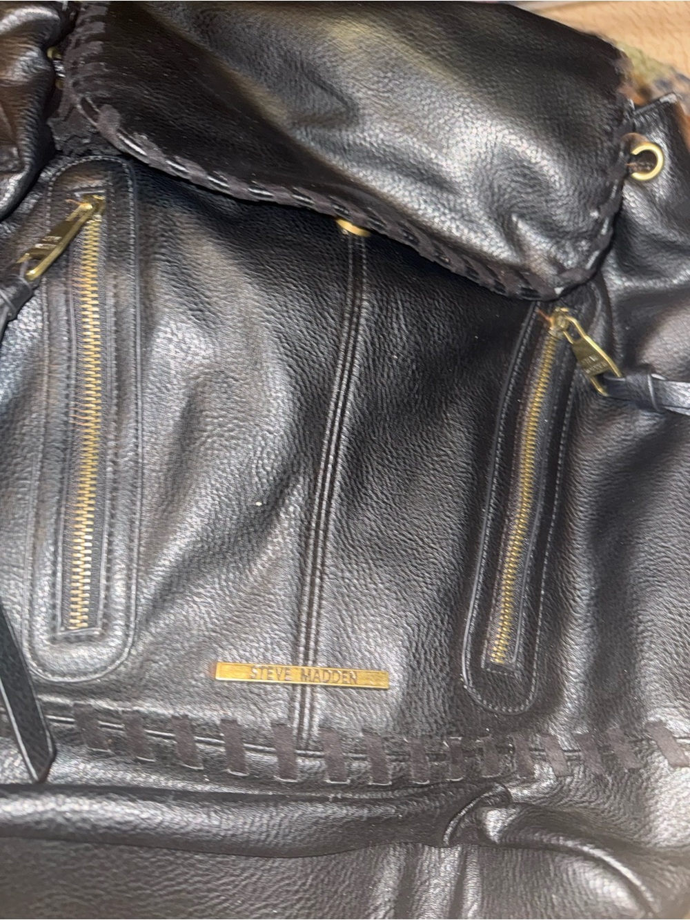 Steve Madden Black Leather Backpack with Gold Hardware